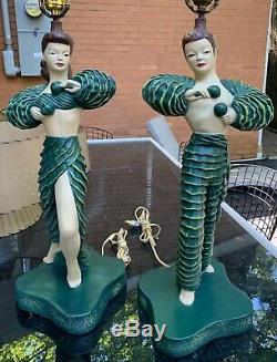 Vintage 50s Flamenco Chalkware Lamps Fiberglass Shades Mid Century Continental