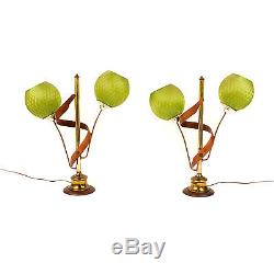 Vintage 50s Green Fiberglass Lamp Shade Mid Century Modern Teak End Table Lamps