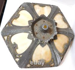 Vintage 6 Panel Caramel White Slag Glass Shade Art Nouveau Gilt Metal