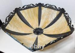 Vintage 6 Panel Caramel White Slag Glass Shade Art Nouveau Gilt Metal