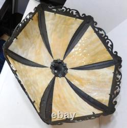 Vintage 6 Panel Caramel White Slag Glass Shade Art Nouveau Gilt Metal