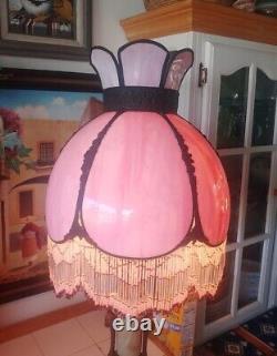 Vintage 6 Panel Pink Slag Glass Lamp Shade With Matching Beaded Fringe