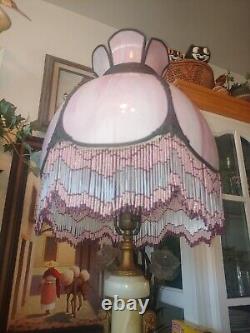 Vintage 6 Panel Pink Slag Glass Lamp Shade With Matching Beaded Fringe