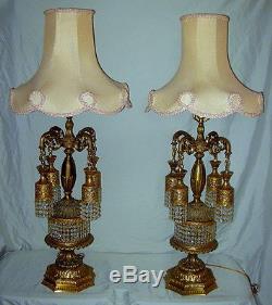 Vintage 60's Hollywood Regency Crystal Prisms Waterfall Lamps with Original Shades