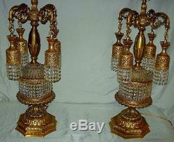 Vintage 60's Hollywood Regency Crystal Prisms Waterfall Lamps with Original Shades
