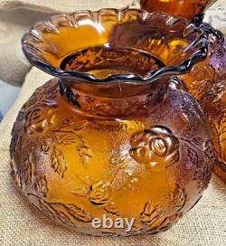 Vintage 70's Amber Rose Pattern Glass Hurricane Lamp Shade Globe 6.75'' fitter