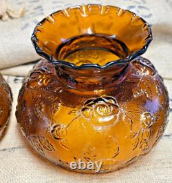 Vintage 70's Amber Rose Pattern Glass Hurricane Lamp Shade Globe 6.75'' fitter