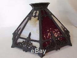 Vintage 8 Panel Oil Lamp Shade Ruby Caramel Slag Glass Metal Decorative Frame