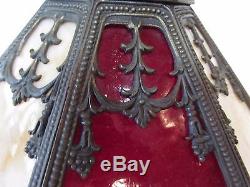 Vintage 8 Panel Oil Lamp Shade Ruby Caramel Slag Glass Metal Decorative Frame