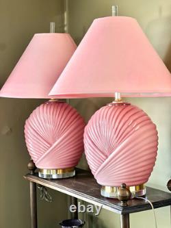 Vintage 80s Pink Clamshell Lamps Pair Art Deco Revival Hollywood Regency Glam