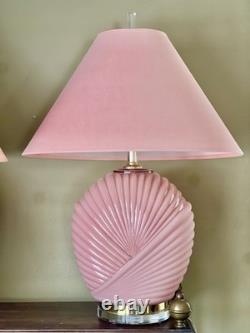 Vintage 80s Pink Clamshell Lamps Pair Art Deco Revival Hollywood Regency Glam