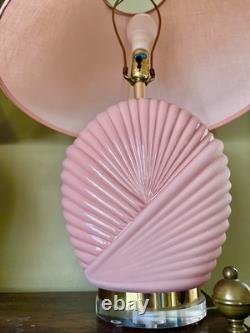 Vintage 80s Pink Clamshell Lamps Pair Art Deco Revival Hollywood Regency Glam