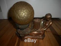 Vintage ART DECO ART NOUVEAU NUDE FIGURAL LADY TABLE DESK LAMP w GLOBE SHADE