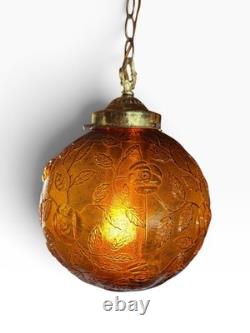 Vintage Amber Glass Swag Lamp Floral Hanging Light MCM 1970s 12 Globe Tested