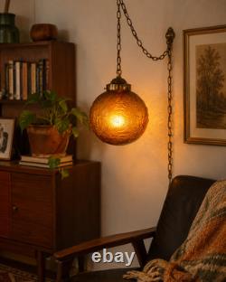 Vintage Amber Glass Swag Lamp Floral Hanging Light MCM 1970s 12 Globe Tested