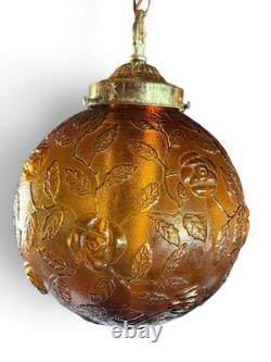 Vintage Amber Glass Swag Lamp Floral Hanging Light MCM 1970s 12 Globe Tested