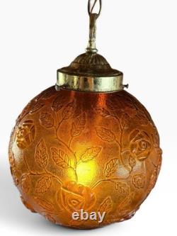Vintage Amber Glass Swag Lamp Floral Hanging Light MCM 1970s 12 Globe Tested