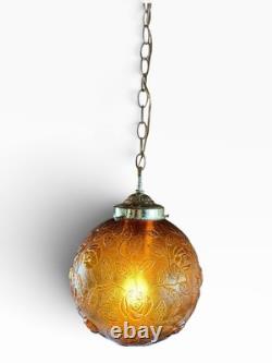 Vintage Amber Glass Swag Lamp Floral Hanging Light MCM 1970s 12 Globe Tested