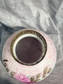 Vintage Amber Woodlee Hand Painted Pink Rose Glass Hurricane Lamp Shade 14