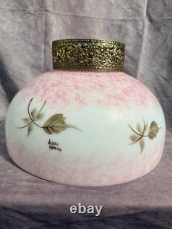 Vintage Amber Woodlee Hand Painted Pink Rose Glass Hurricane Lamp Shade 14