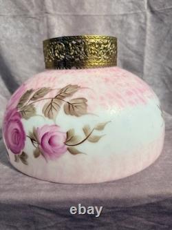 Vintage Amber Woodlee Hand Painted Pink Rose Glass Hurricane Lamp Shade 14