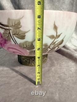 Vintage Amber Woodlee Hand Painted Pink Rose Glass Hurricane Lamp Shade 14