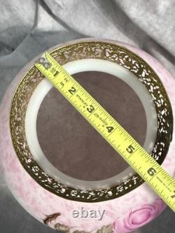 Vintage Amber Woodlee Hand Painted Pink Rose Glass Hurricane Lamp Shade 14