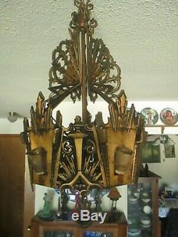 Vintage Antique Art Deco Slip Shade Chandelier Lamp 5 Light Fixture Cast Iron