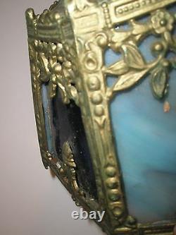 Vintage Antique Arts & Crafts Blue Purple Slag Glass Lamp Shade 7.5 Dia x 4 H