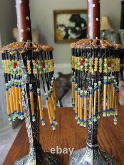 Vintage Antique Beaded Lamp Candle Holder Shade Fringe Multi Color Faceted! Pair