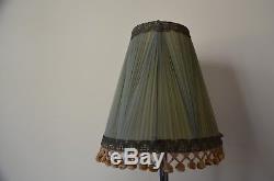 Vintage Antique Chiffon Silk Tassels Standard Lamp Shade Green Gold Downton C