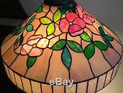 Vintage Antique Leaded Art Glass Lamp Shade with Handel Style Hollyhock Pattern