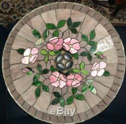 Vintage Antique Leaded Art Glass Lamp Shade with Handel Style Hollyhock Pattern