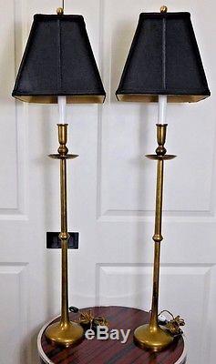 Vintage Antique Mid Century Maitland Smith Pair Brass Tall Lamps Black Shade 125