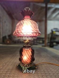 Vintage Antique Optic Swirl Amethyst Glass & Metal Patina Lattice Lamp