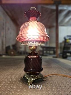 Vintage Antique Optic Swirl Amethyst Glass & Metal Patina Lattice Lamp
