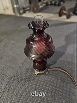 Vintage Antique Optic Swirl Amethyst Glass & Metal Patina Lattice Lamp