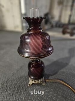 Vintage Antique Optic Swirl Amethyst Glass & Metal Patina Lattice Lamp