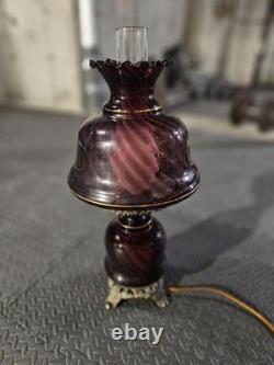 Vintage Antique Optic Swirl Amethyst Glass & Metal Patina Lattice Lamp
