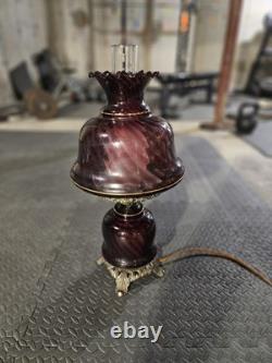 Vintage Antique Optic Swirl Amethyst Glass & Metal Patina Lattice Lamp