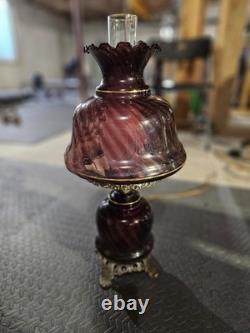 Vintage Antique Optic Swirl Amethyst Glass & Metal Patina Lattice Lamp