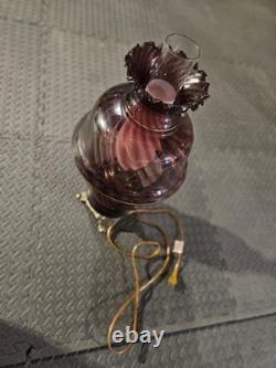 Vintage Antique Optic Swirl Amethyst Glass & Metal Patina Lattice Lamp