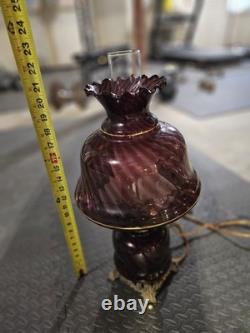 Vintage Antique Optic Swirl Amethyst Glass & Metal Patina Lattice Lamp