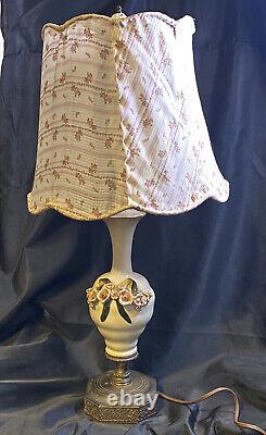Vintage Antique Porcelain Lamp Flower W Fabric Shade 24
