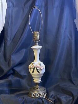 Vintage Antique Porcelain Lamp Flower W Fabric Shade 24