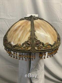Vintage Antique Stain Glass Lamp Shade 6 Panel with Glass Bead Fringe