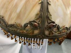 Vintage Antique Stain Glass Lamp Shade 6 Panel with Glass Bead Fringe