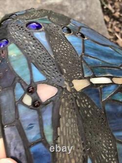 Vintage Antique Stained Glass 14 Lamp Shade Dragonfly Brass Blue Green