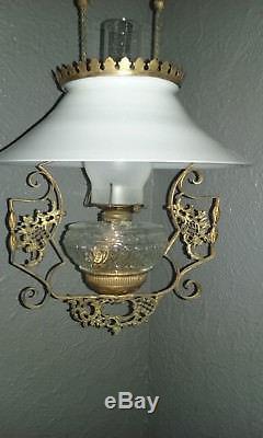 Vintage Antique Victorian Hanging Retractable Oil Lamp Shade Milk Glass Light