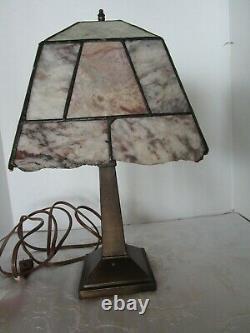 Vintage Art & Crafts table lamp metal base with Natural Agate stone shade 17 ½